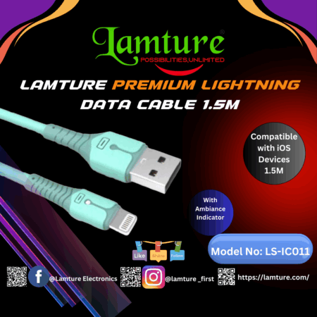 Lamture Premium Lightning data cable with a light blue connector and USB end, 1.5 meters long.
