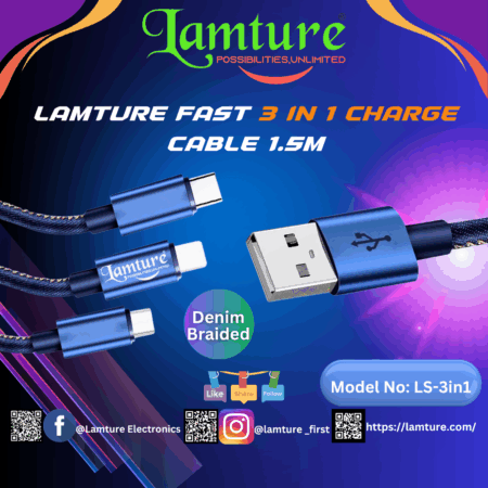 Lamture 3 in 1 charge cable with USB, micro USB, and Type-C connectors in blue color.