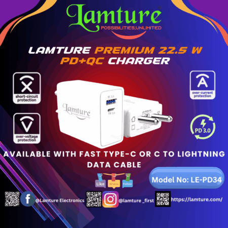 Lamture 22.5W PDQC charger with Type-C and Lightning data cable options.