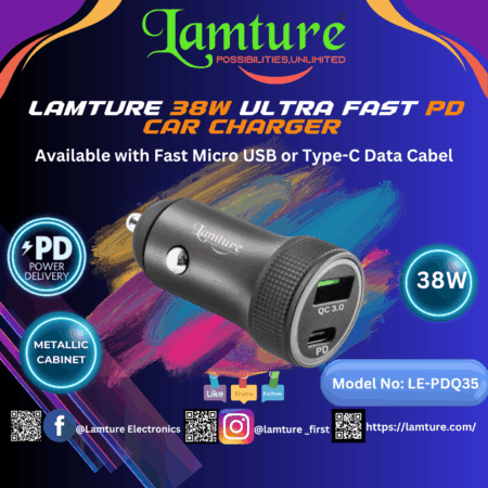 Lamture 38W car charger with USB ports and a metallic cabinet design.