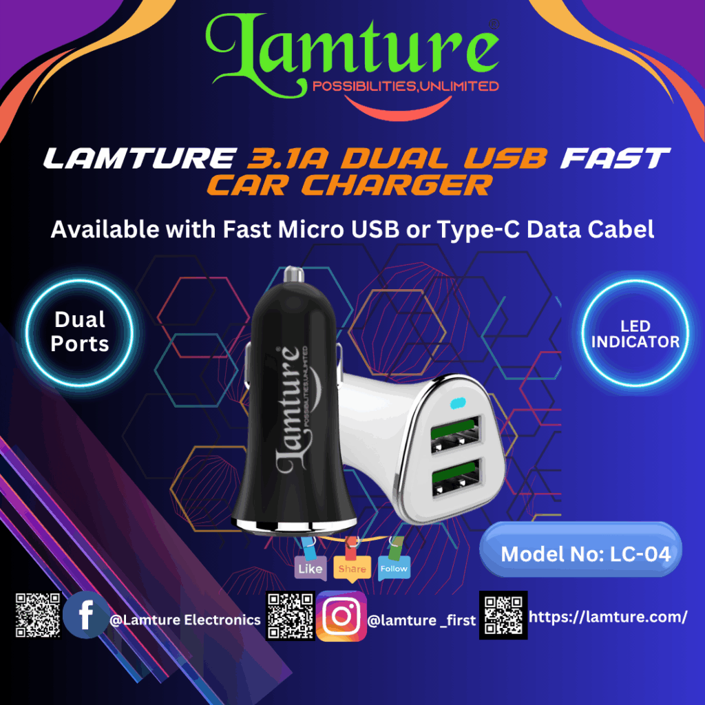 Lamture 3.1A Fast Car Charger with Data Cable . Dual USB Ports with Charging Indicator.