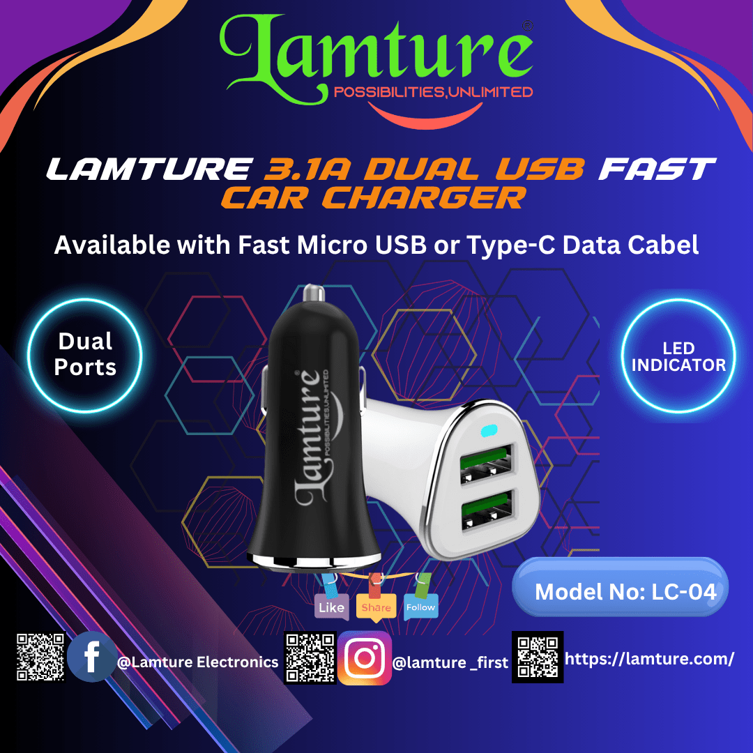 Lamture 3.1A Fast Car Charger with Data Cable . Dual USB Ports with Charging Indicator.