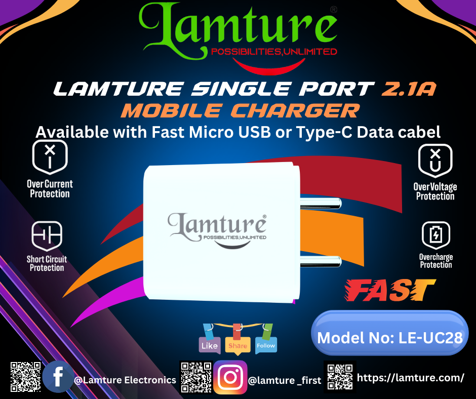 Lamture 2.1A Single Port Travel Charger with USB Data Cable.