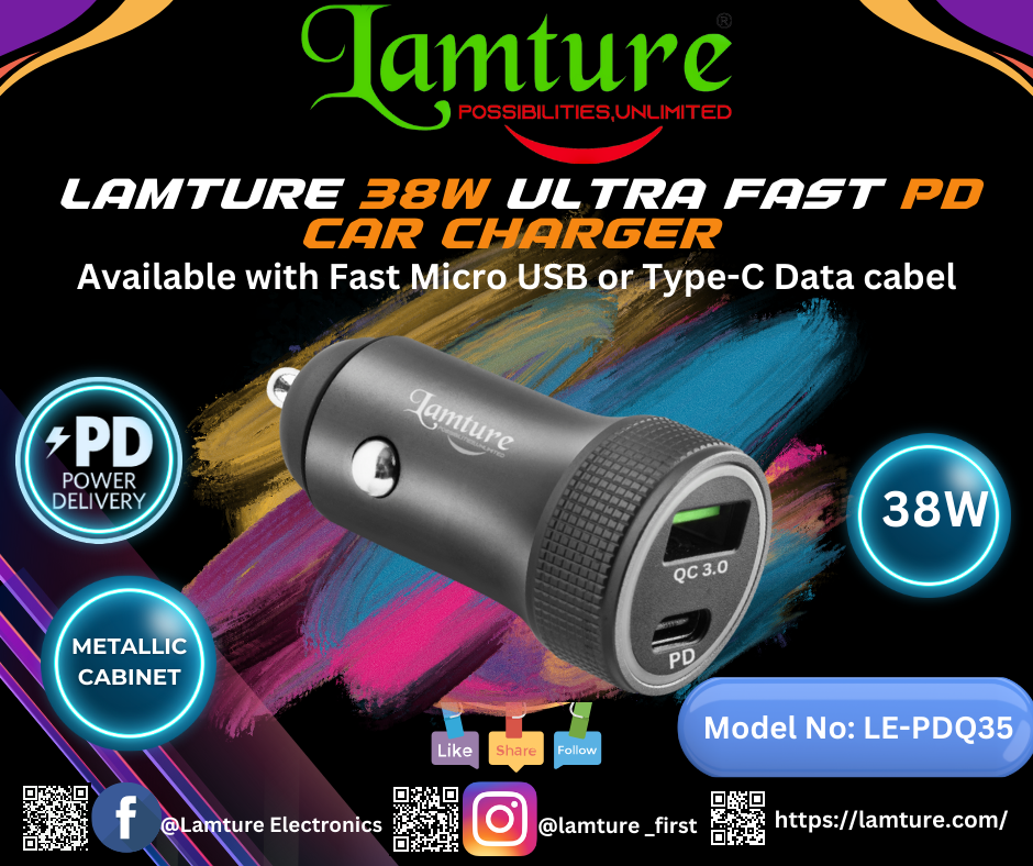 Lamture PD 20W+QC 18W Ultra Fast Car Charger with Ambient LED