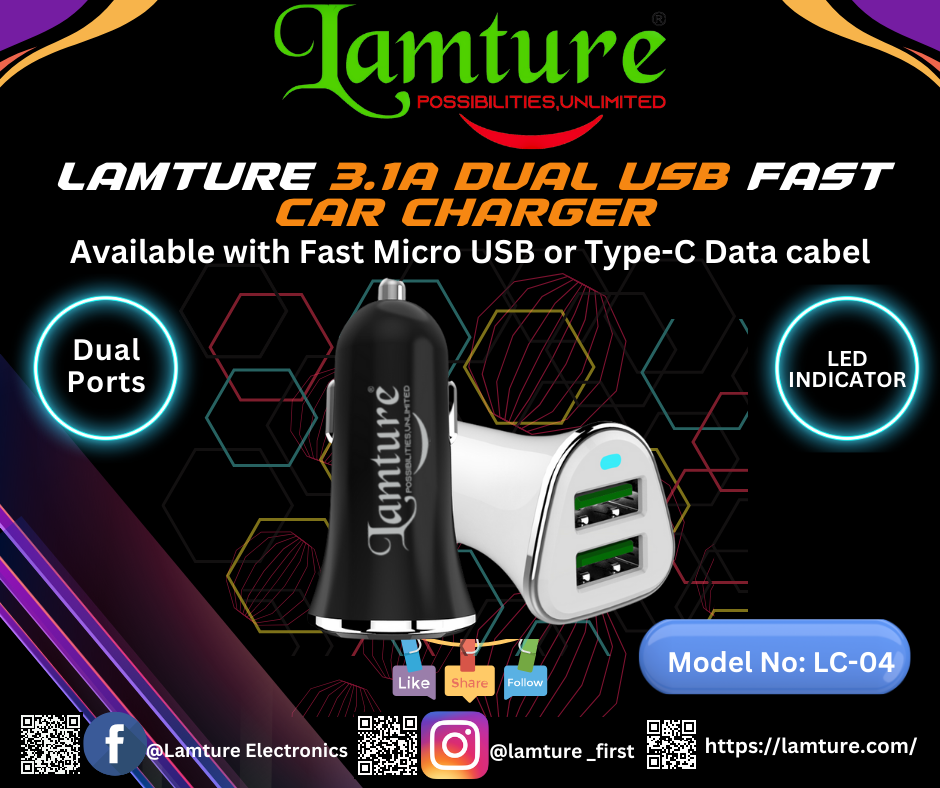 Lamture 3.1A Fast Car Charger with Data Cable . Dual USB Ports with Charging Indicator.
