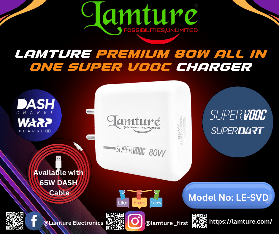 Lamture All in One Turbo 80W Ultra Fast Charger with 65W Dash Cable.