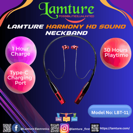 Lamture Harmony HD Sound Neckband with red accents and a black neckband design.