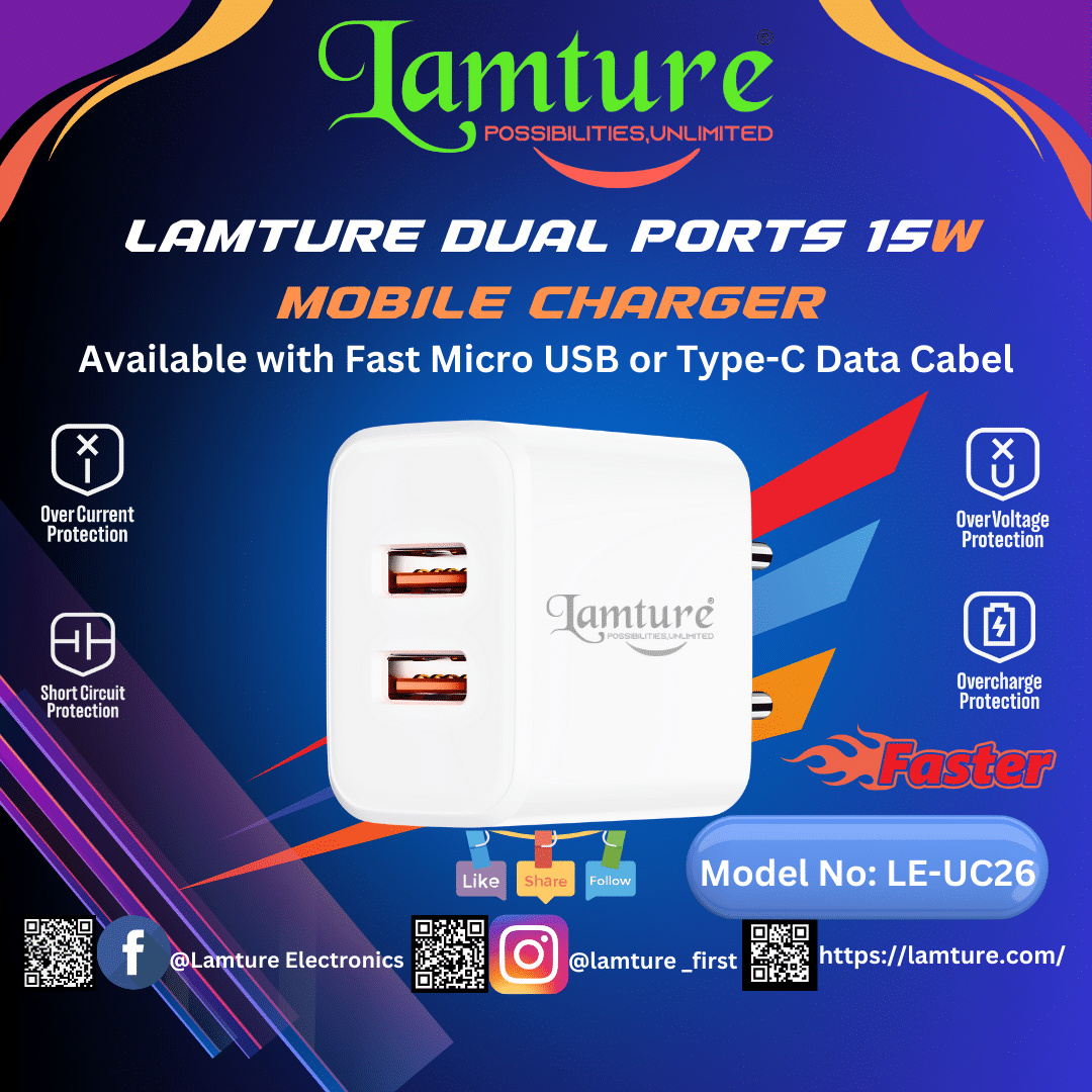 Lamture Smart 2.4A (15W) Dual USB Charger, Fast Mobile Charger