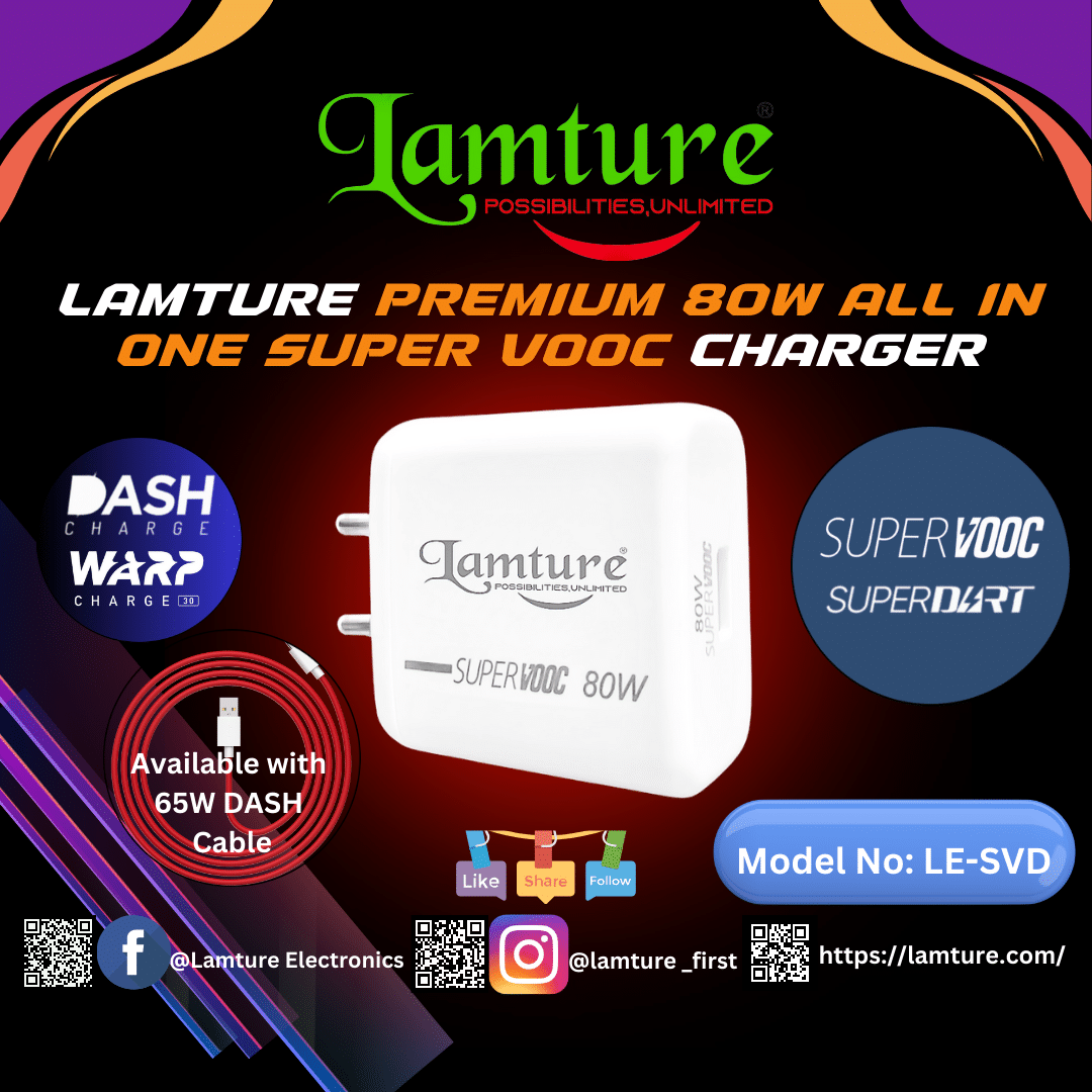 Lamture All in One Turbo 80W Ultra Fast Charger with 65W Dash Cable.