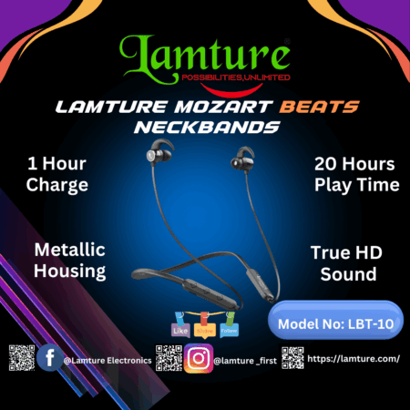 Lamture Mozart Beats neckband with metallic housing and earbuds displayed on a graphic background.