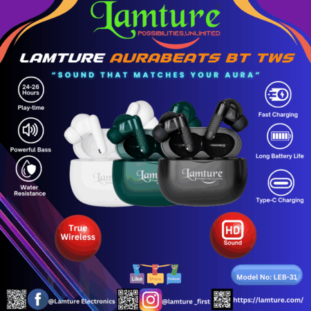 Lamture Aurabeats BT TWS earbuds in black and white charging case with specifications listed.