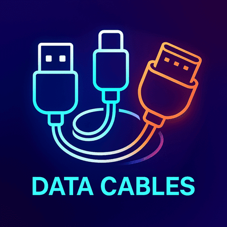 Illustration of various data cables including USB and connector types in a colorful design.