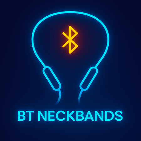 Neon illustration of a Bluetooth neckband with a Bluetooth symbol in the center.