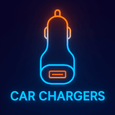 Neon icon of a car charger with the text 'Car Chargers' below it in bright colors.