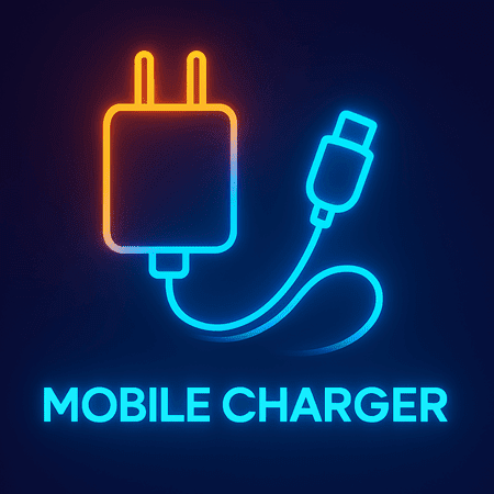 Neon icon of a mobile charger with a USB-C cable and plug design.