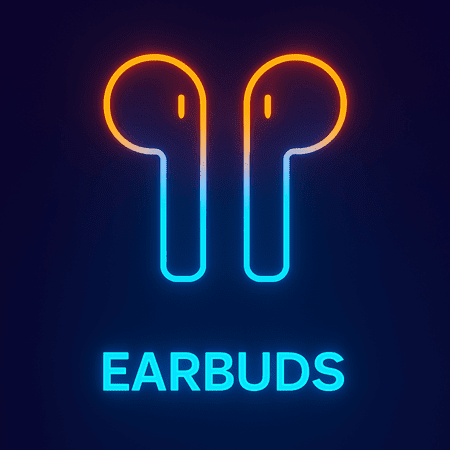 Illustration of wireless earbuds in neon colors with the word 'EARBUDS' below.