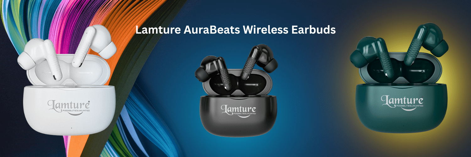 Three pairs of Lamture AuraBeats wireless earbuds in white, black, and green charging cases.