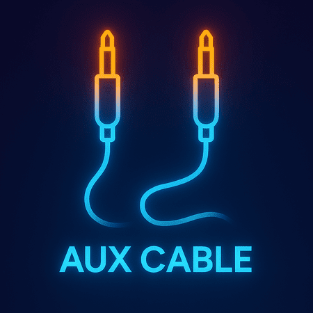 Illustration of an aux cable with two connectors, one orange and one blue, against a dark background.