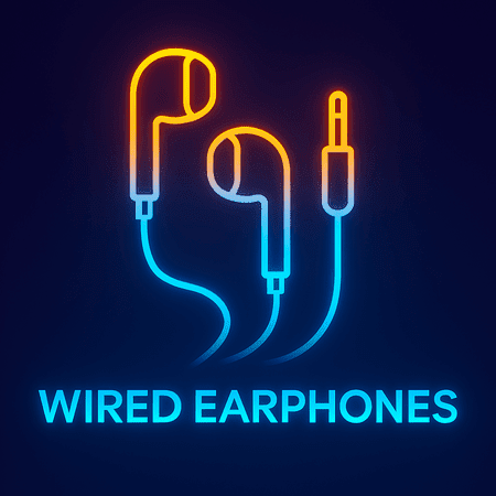 Illustration of wired earphones with a 3.5mm audio jack in a gradient color scheme.