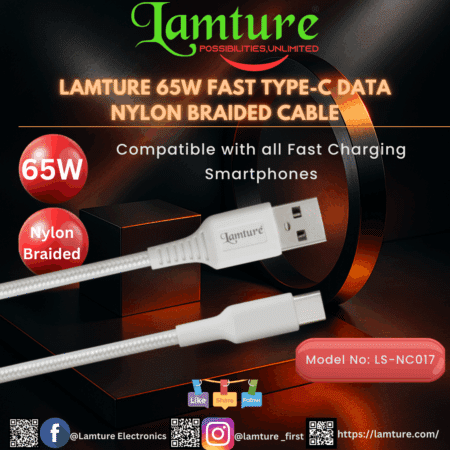 Lamture 65W fast Type-C data cable with nylon braided design and USB connector.