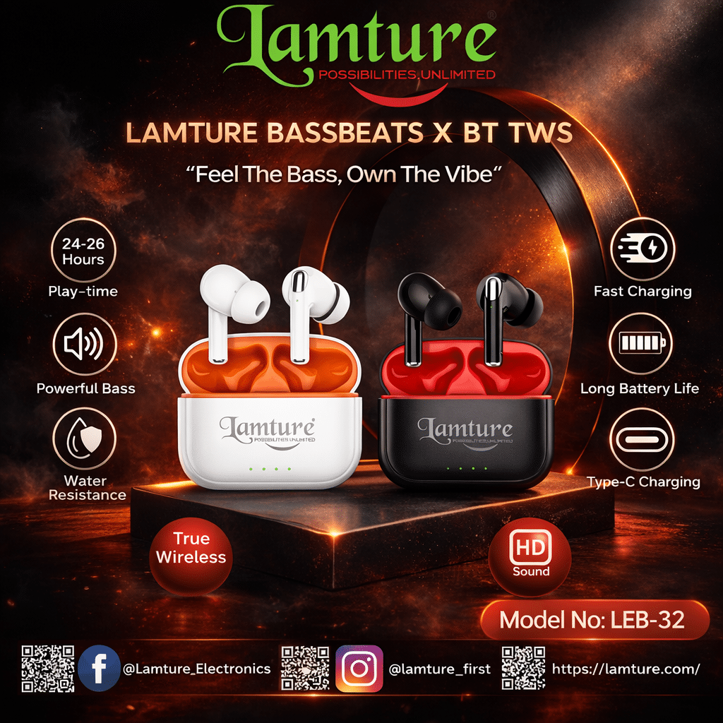 Lamture BassBeats X BT TWS earbuds in white and orange with specifications listed on a dark background.