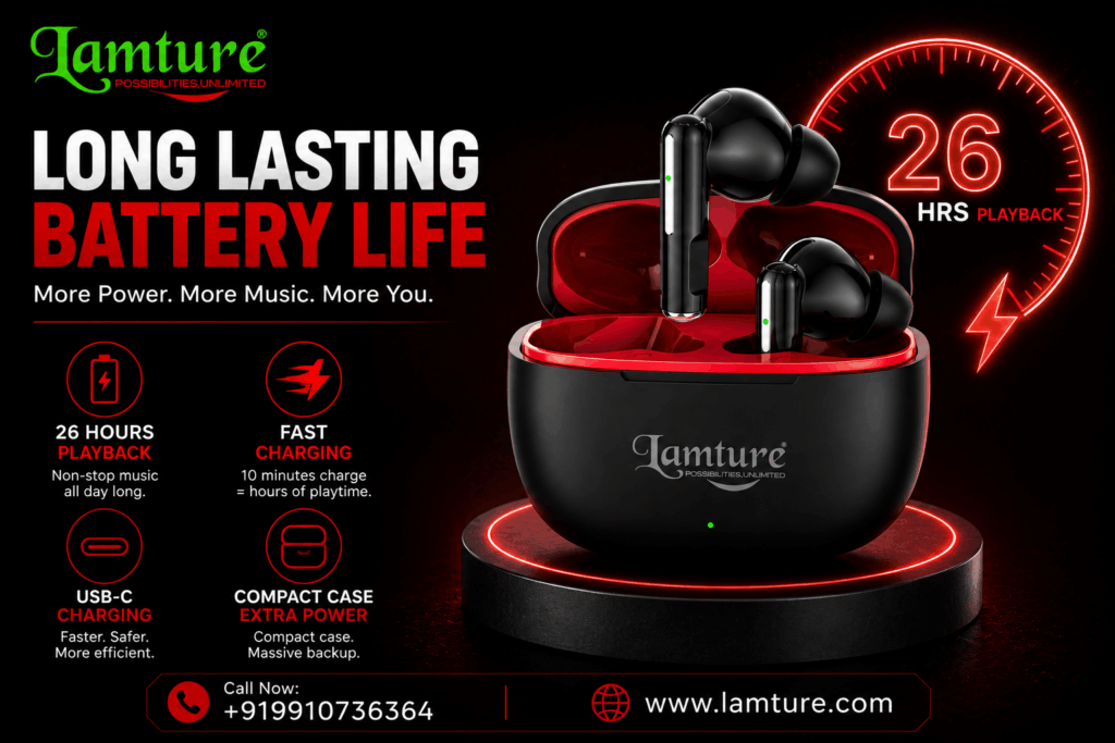 Black Lamture wireless earbuds sit in a red charging case with a 26-hour playback graphic, fast charging icons, and USB-C charging text on display.