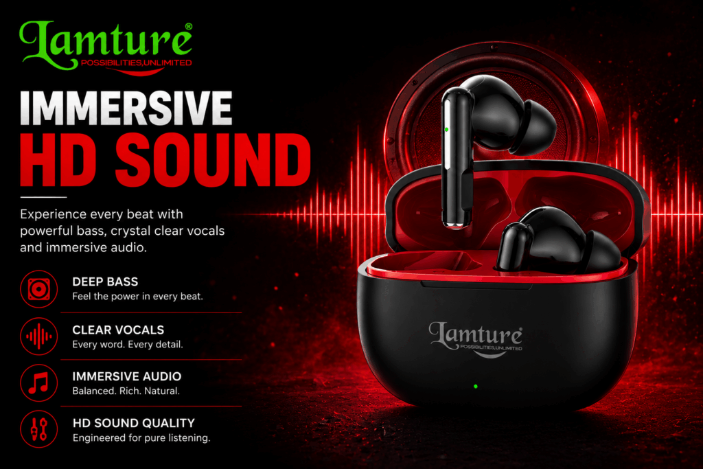 Bold Lamture HD Sound wireless earbuds sit in a black charging case with red accents, paired with immersive audio and deep bass branding.
