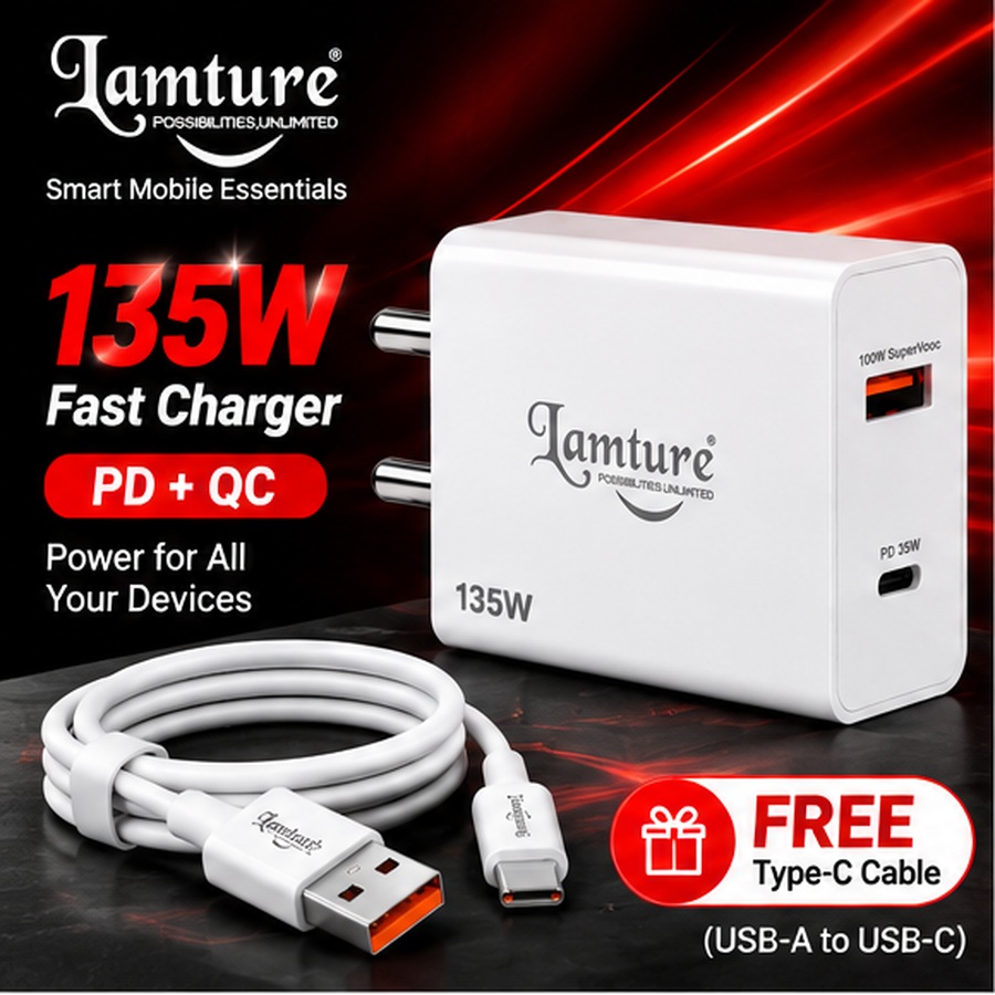 Lamture 135W PD + QC Fast Charger with Dual Port USB-A & USB-C | Free Type-C Cable