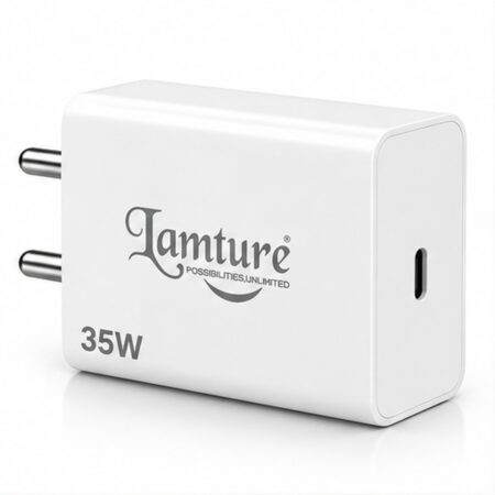 A white Lamture 35W Fast PD Charger has two round plug pins, a single USB-C port, and the brand name printed on its casing.