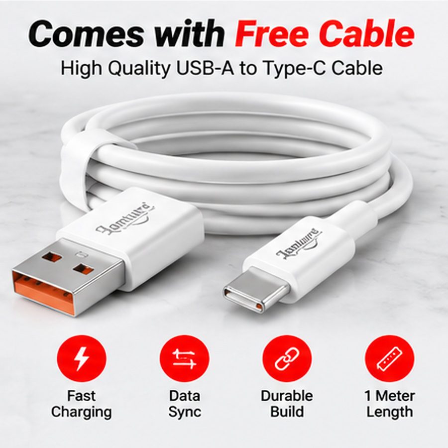 A white Lamture USB-A to USB-C cable is coiled beside its connectors, labeled as a free cable with fast charging and data sync.