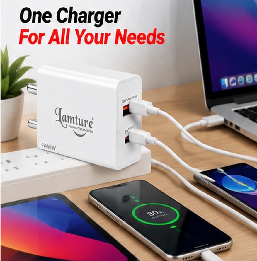 A white Lamture 135W fast charger connects two phones and a laptop, with the headline “One Charger For All Your Needs” above.