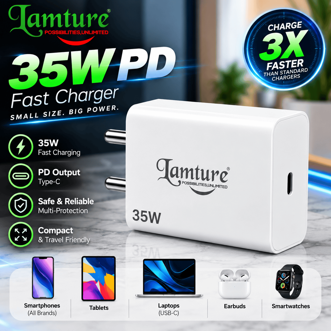 Lamture 35W Fast PD Charger with USB-C Port + Free Type-C to C Cable